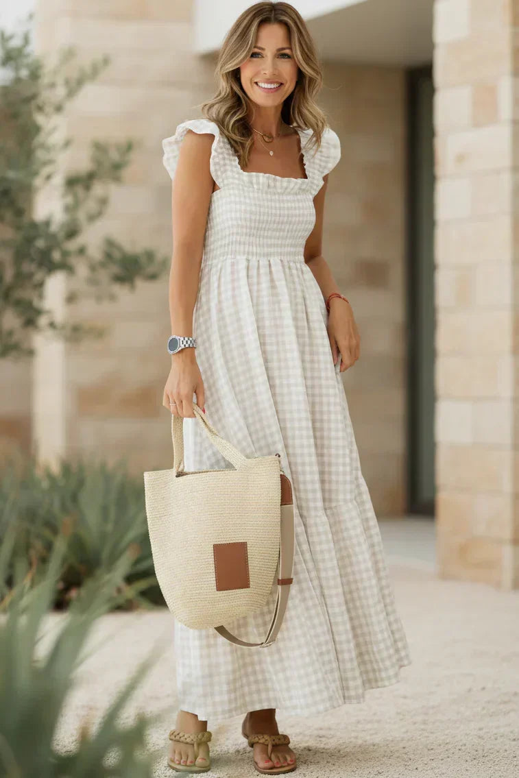 Gingham Square Neck Smocked Ruffle Strap Tiered Maxi Dress 3