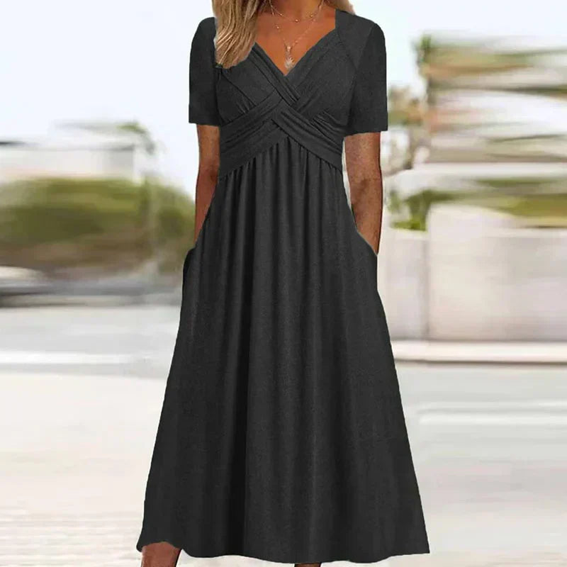 V-Neck Short Sleeve Surplice Wrap Pleated Pocket Maxi Dress - View 2