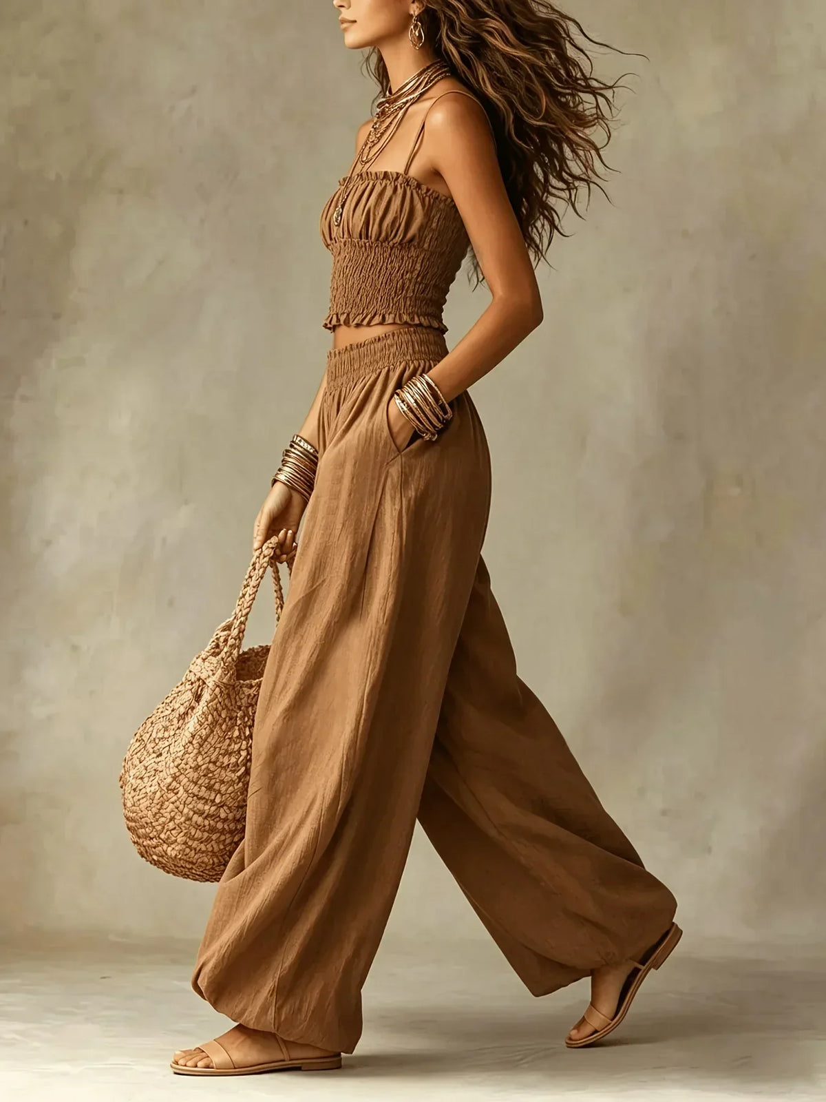 Collared Button Shirt and Wide Leg Pants Two Piece Set 4