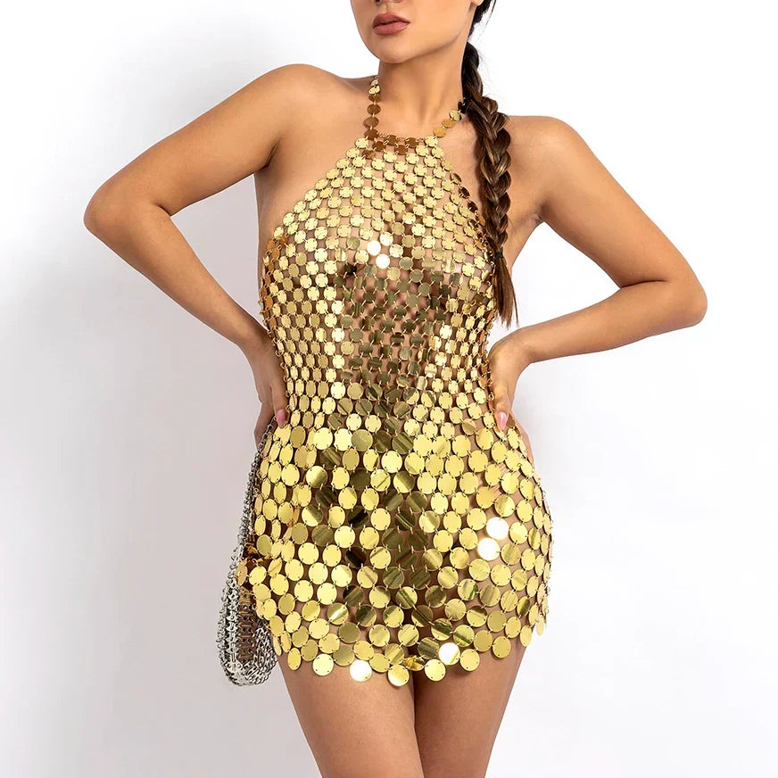 Metallic Disc Mesh Halter Neck Backless Bodycon Mini Party Dress - View 6
