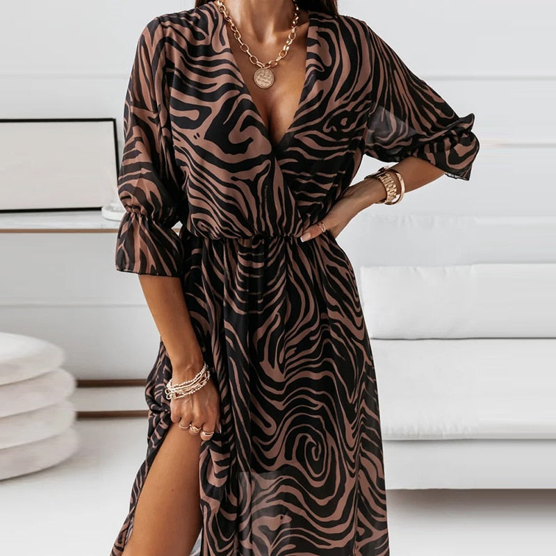 Marble Print Deep V-Neck Bishop Sleeve High Split Wrap Maxi Dress - View 4