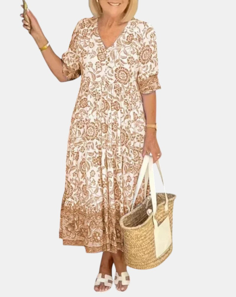 V-Neck Short Sleeve Floral Print Tiered Maxi Dress 2