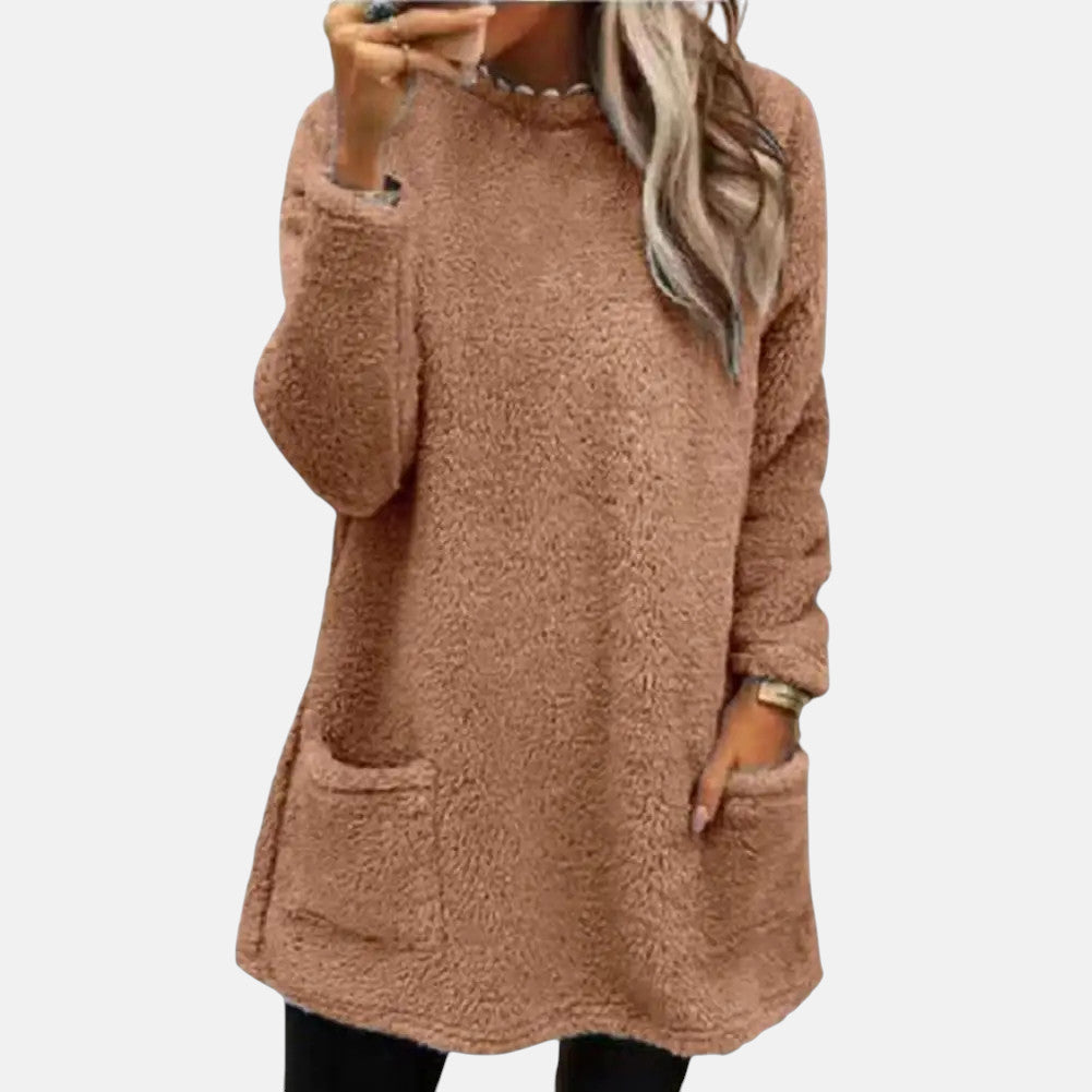 Round Neck Long Sleeve Pocket Fleece Tunic Top 5