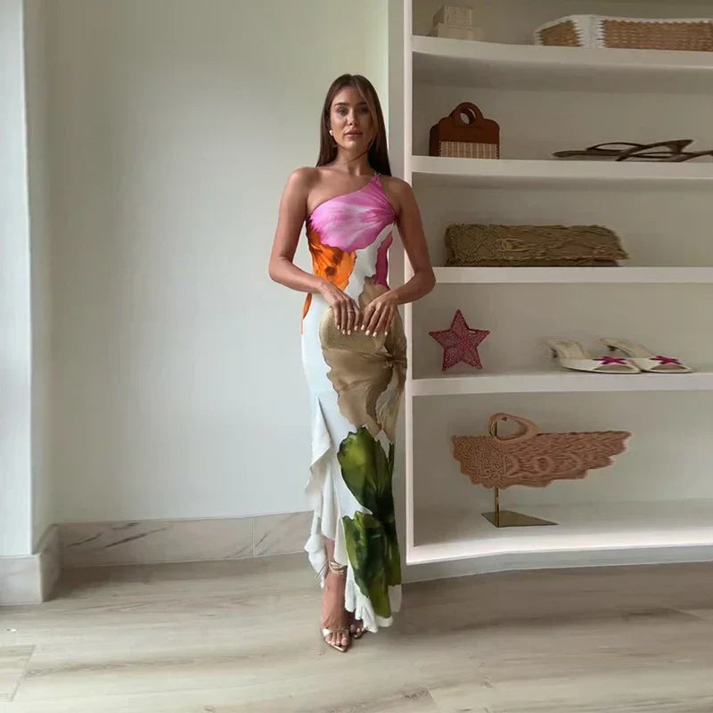 Floral One Shoulder Ruffle Mermaid Maxi Dress