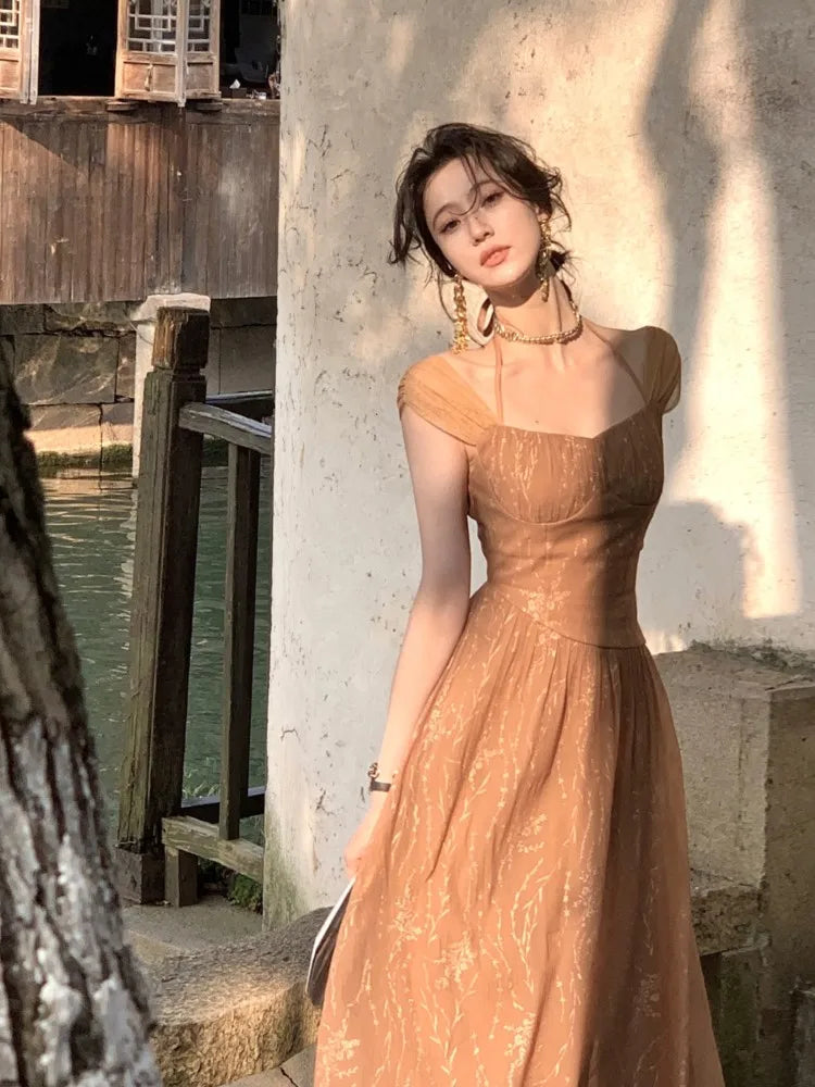 Square Neck Cap Sleeve Ruched Fit and Flare Midi Dress - View 3