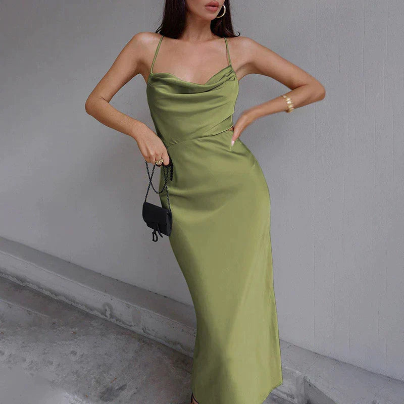 Satin Cowl Neck Spaghetti Strap Cut Out Bodycon Maxi Dress - View 3