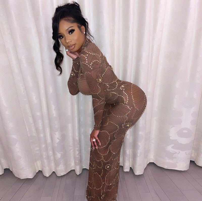 Crew Neck Long Sleeve Rhinestone Mesh Bodycon Maxi Dress 7