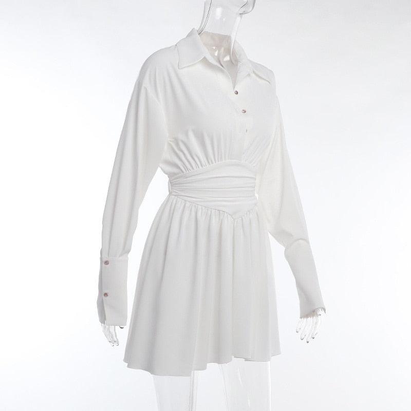 Deep V-Neck Shirt Collar Ruched Waist Bell Sleeve Mini Dress - View 11