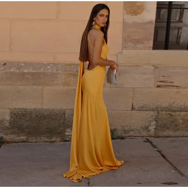 Yellow Satin Backless Lace - Up Off - Shoulder Maxi Dress - View 11