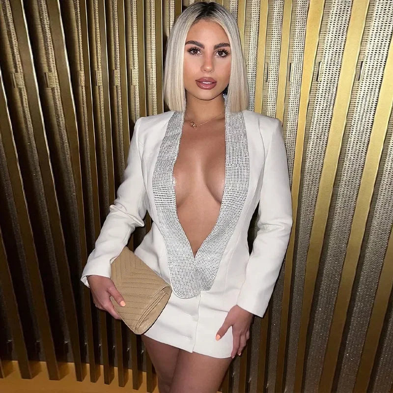 Sequin Rhinestone Lapel Deep V-Neck Padded Shoulder Blazer Mini Dress - View 2