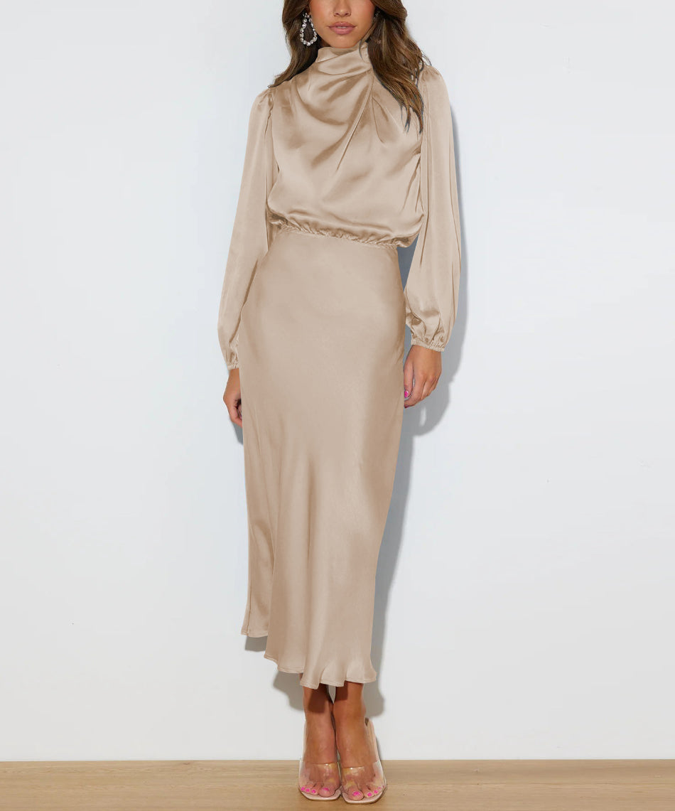Satin Mock Neck Blouson Long Sleeve Elastic Waist Midi Dress - View 2