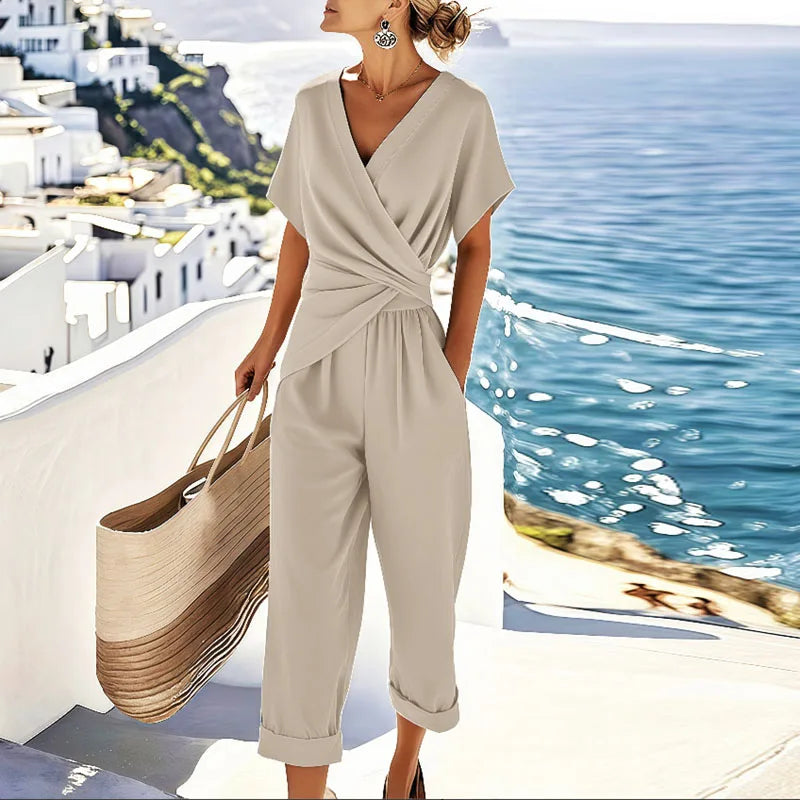 V-Neck Short Sleeve Twist Front Cropped Jumpsuit