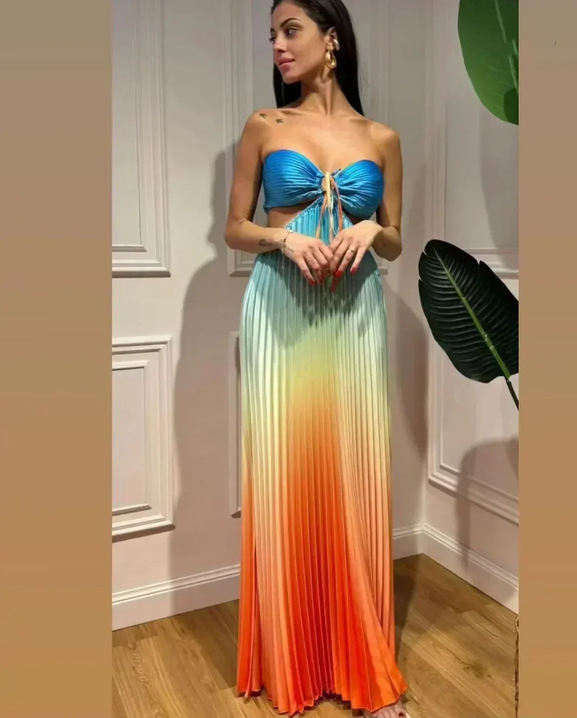 Satin Gradient Pleated Sleeveless Maxi Dress - View 8
