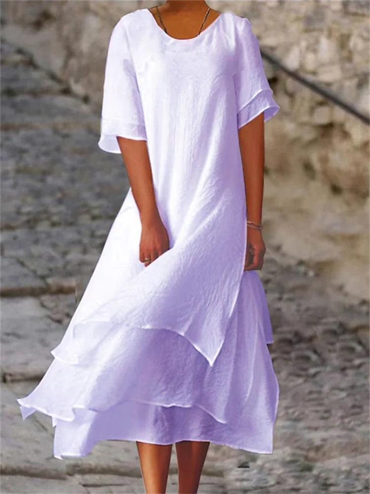 Round Neck Short Sleeve Layered Asymmetric Tiered Hem Midi Dress - View 3