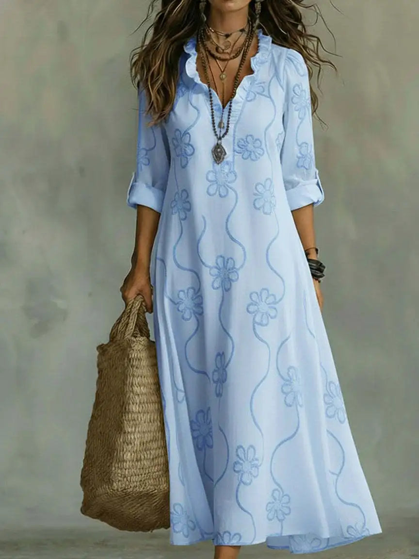 Split Neck Long Sleeve Floral Embroidered Maxi Dress 10