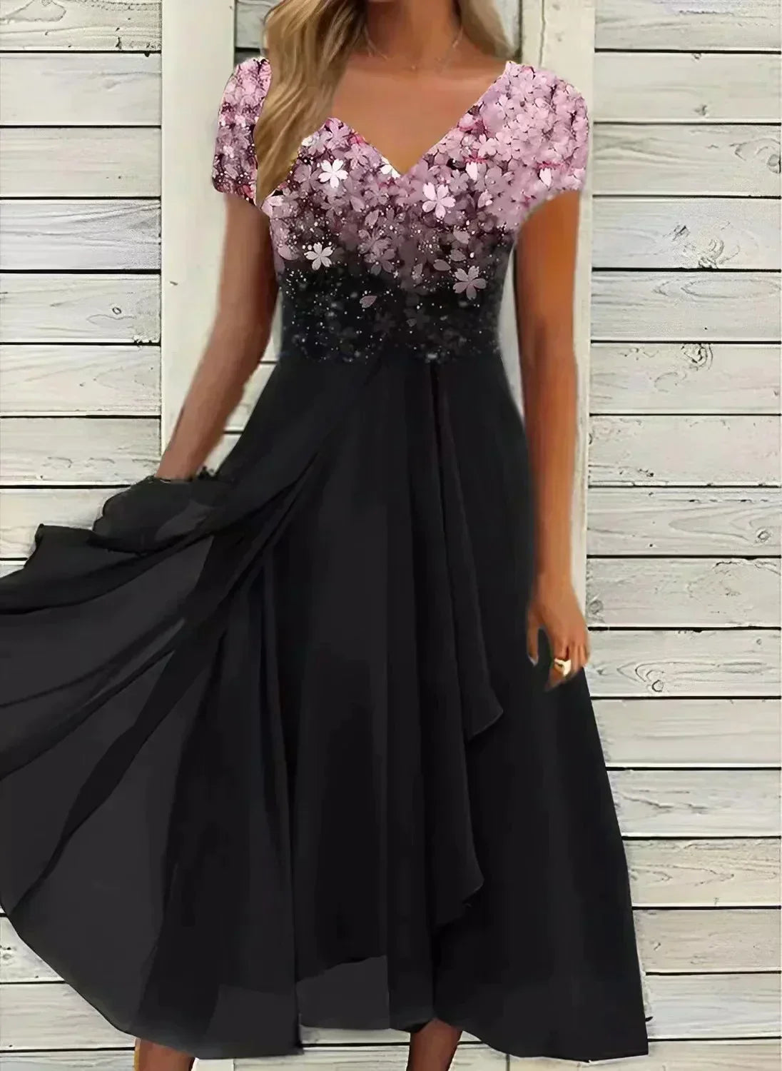 Chiffon V-Neck Cap Sleeve Ombre Bodice Flowy Pocket Maxi Dress - View 2