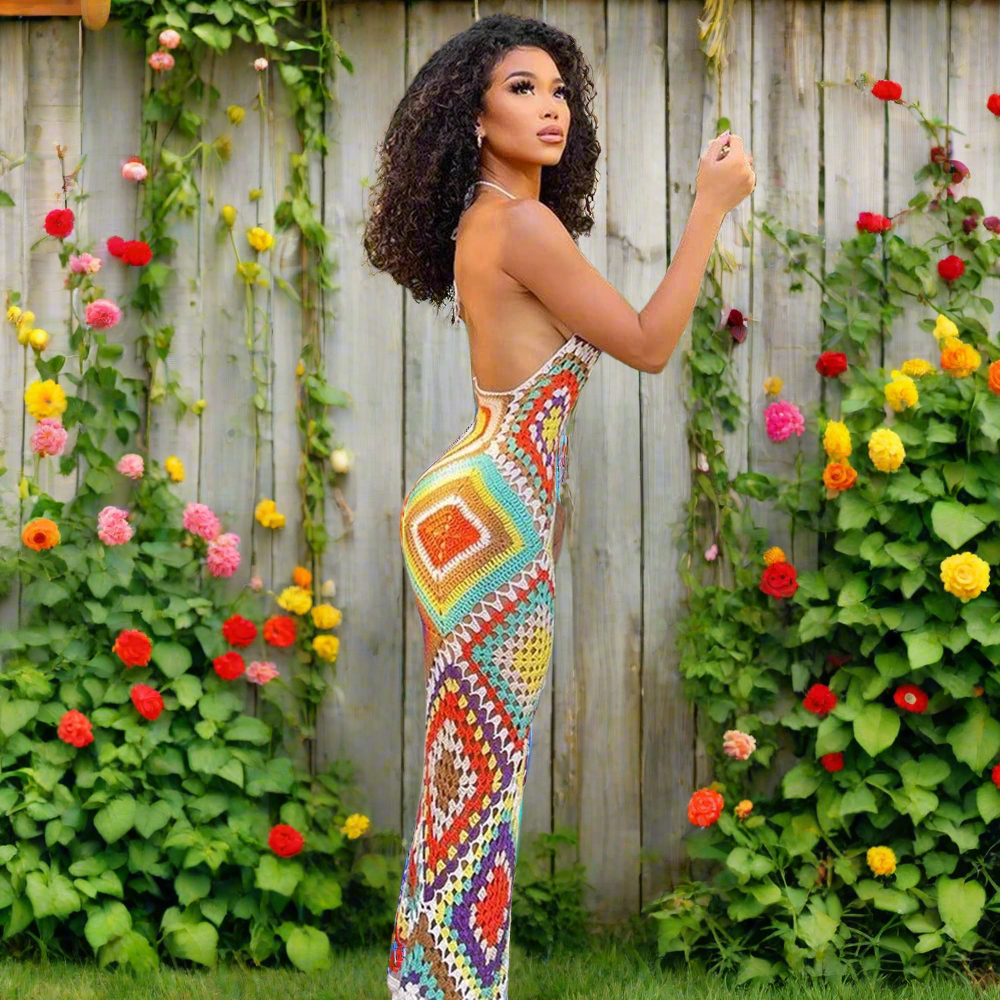 Crochet Granny Square Backless Halter Bodycon Maxi Dress