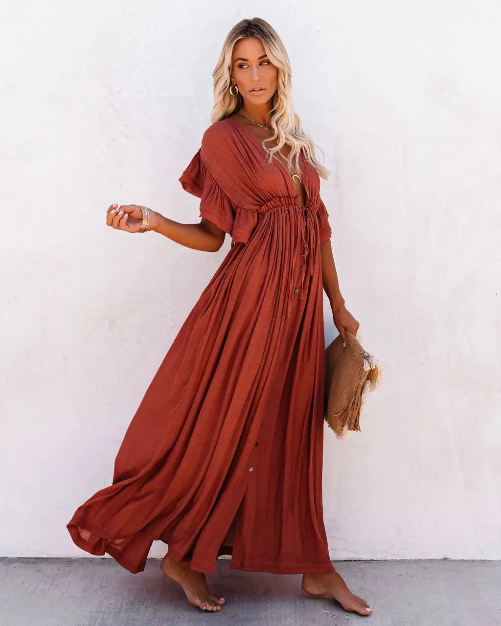 Deep V-Neck Flutter Sleeve Drawstring Button Front Maxi Dress - View 3