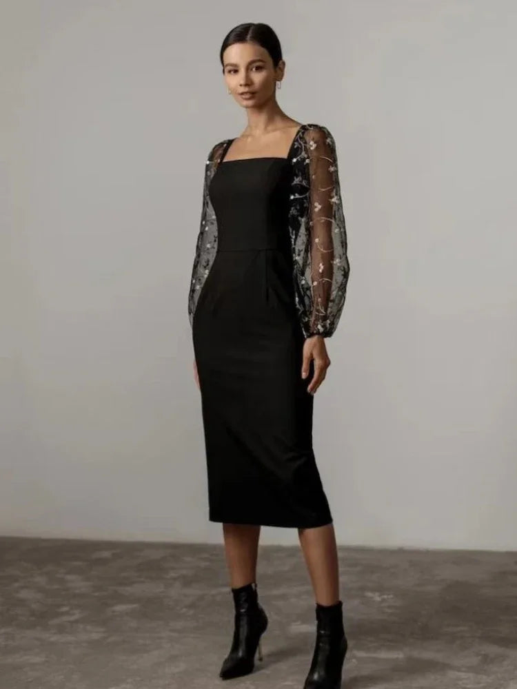 Square Neck Floral Puff Sleeve Bodycon Midi Dress - View 3