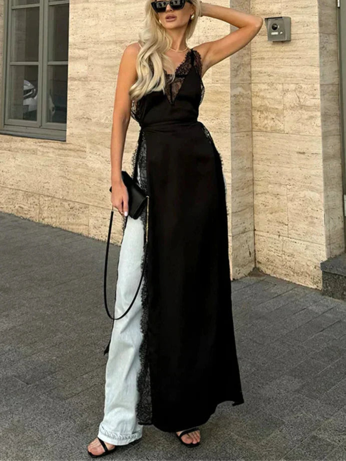 Lace Satin Patchwork High Split Maxi Dress
