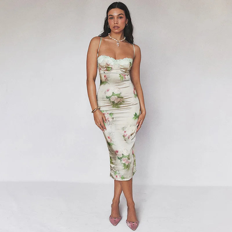 Lace Silk Strap Backless Floral Dress - View 3