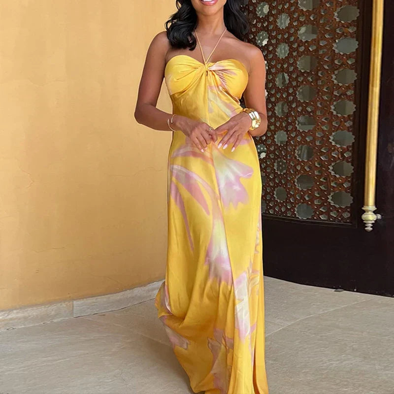 Satin Halter Neck Twist Front Slim Maxi Dress