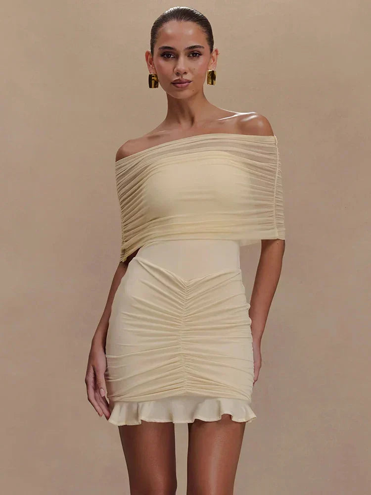 Strapless Mesh Ruffled Backless Mini Dress