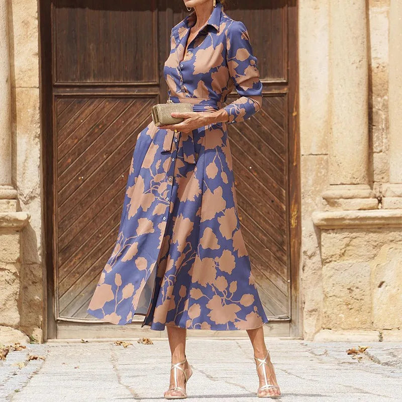 Leaf Print Collared Long Sleeve Button Front Maxi Shirt Dress 5