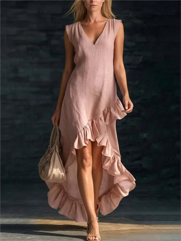 V-Neck Sleeveless Ruffle Hem High Low Maxi Dress