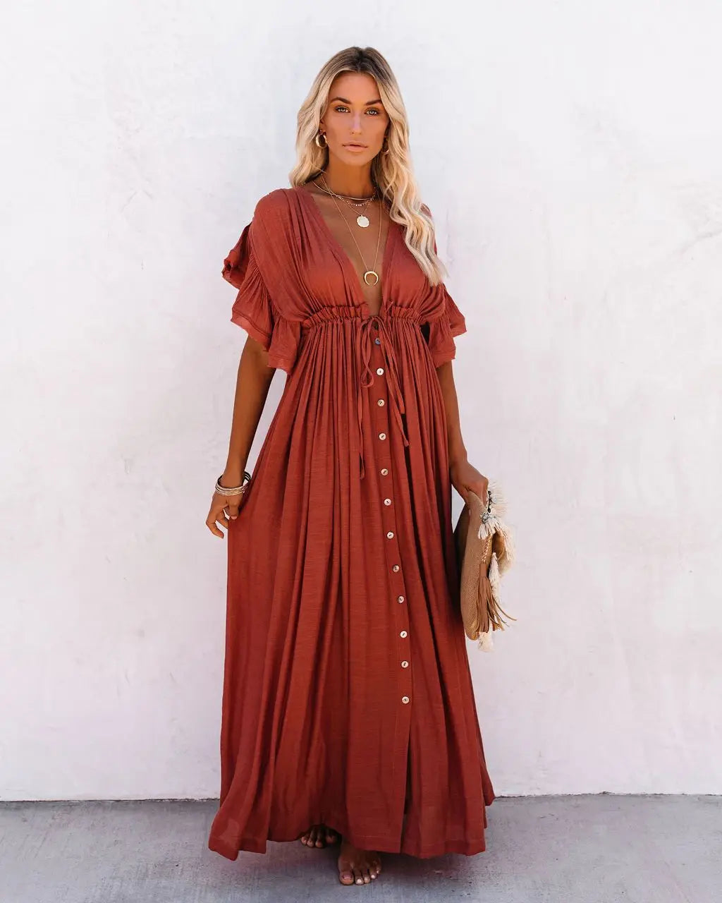 Deep V-Neck Flutter Sleeve Drawstring Button Front Maxi Dress - View 4