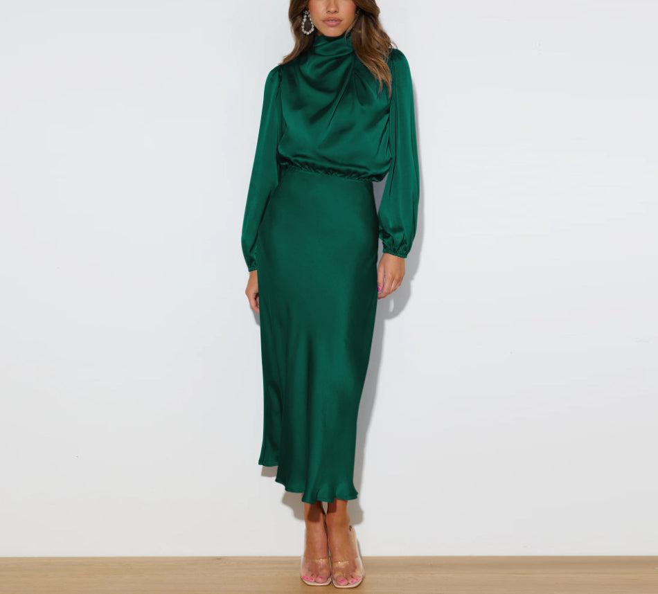 Satin Mock Neck Blouson Long Sleeve Elastic Waist Midi Dress