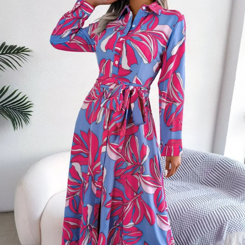 Floral Print Long Sleeve Belted Shirt Maxi Dress 5