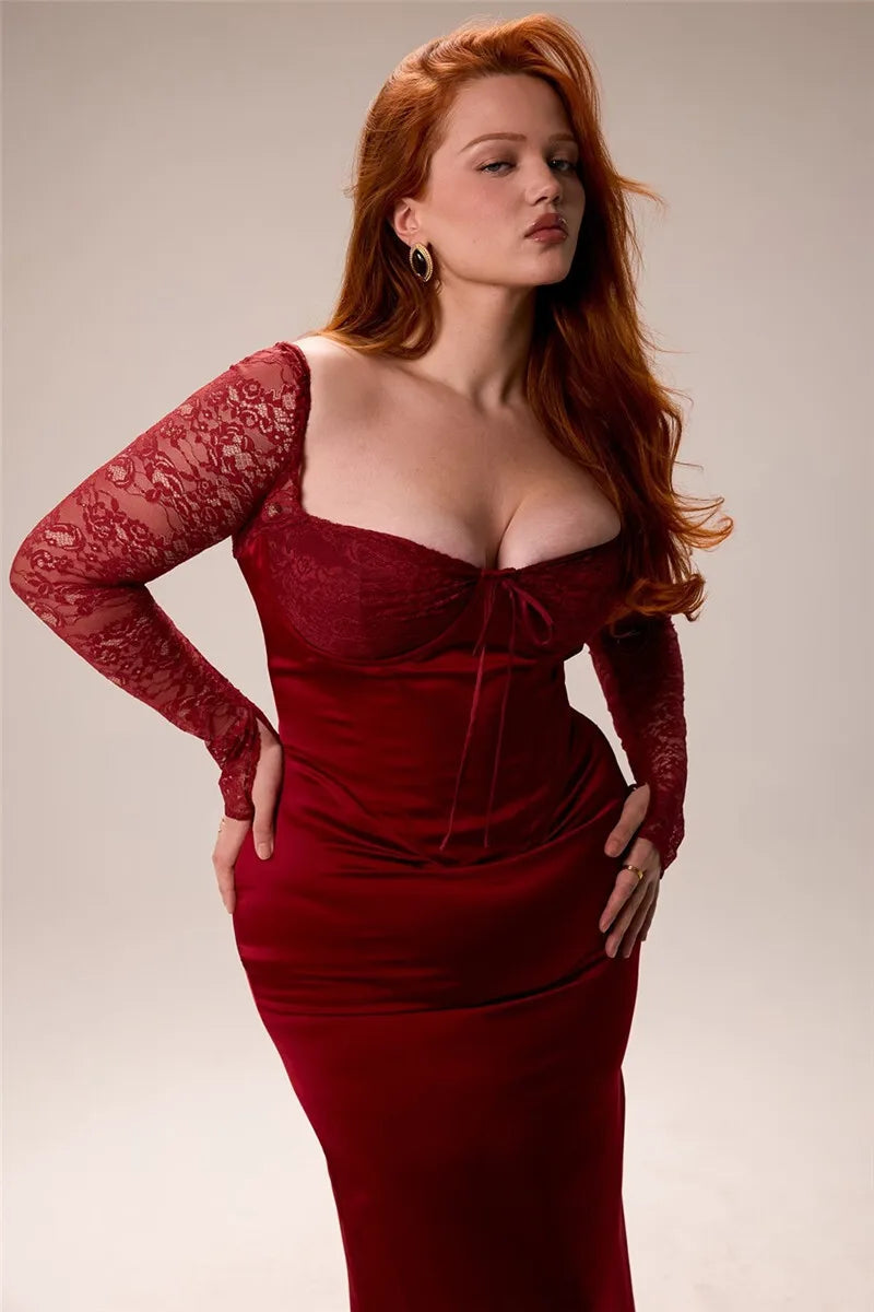 Square Collar Lace - Up Backless Long Sleeve Maxi Dress - View 10