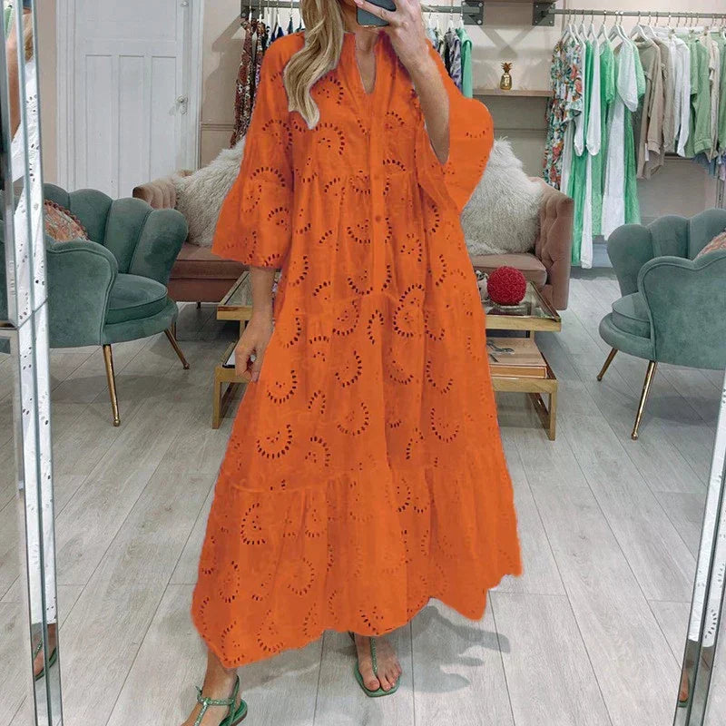 Lace Eyelet Bell Sleeve Button Front Tiered Ruffle Maxi Dress - View 6
