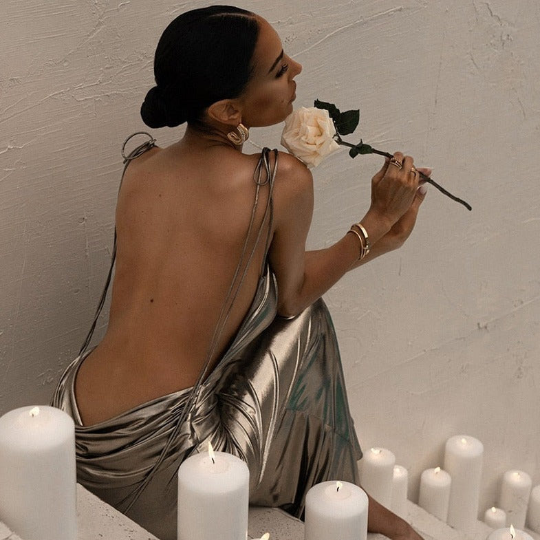 Glossy Soul Metallic Backless Maxi Dress - View 7