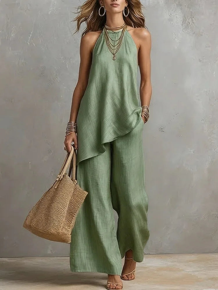 Halter Neck Asymmetric Hem Top and Wide Leg Pants Two Piece Set 3