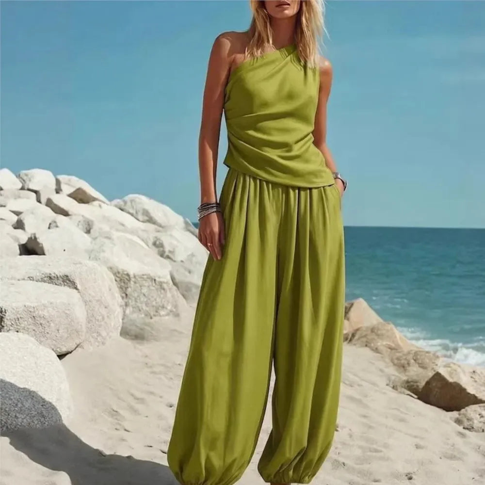 One Shoulder Ruched Top and Balloon Leg Pants Two Piece Set 6