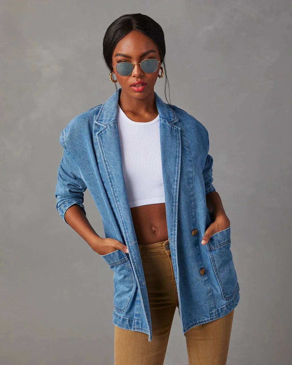 Notched Lapel Button Front Oversized Denim Jacket 5