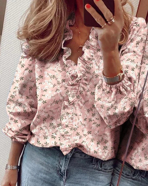 Ruffle Trim V-Neck Long Sleeve Blouse 5