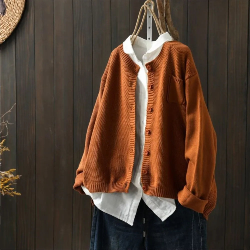 Crew Neck Button Front Chest Pocket Knit Cardigan