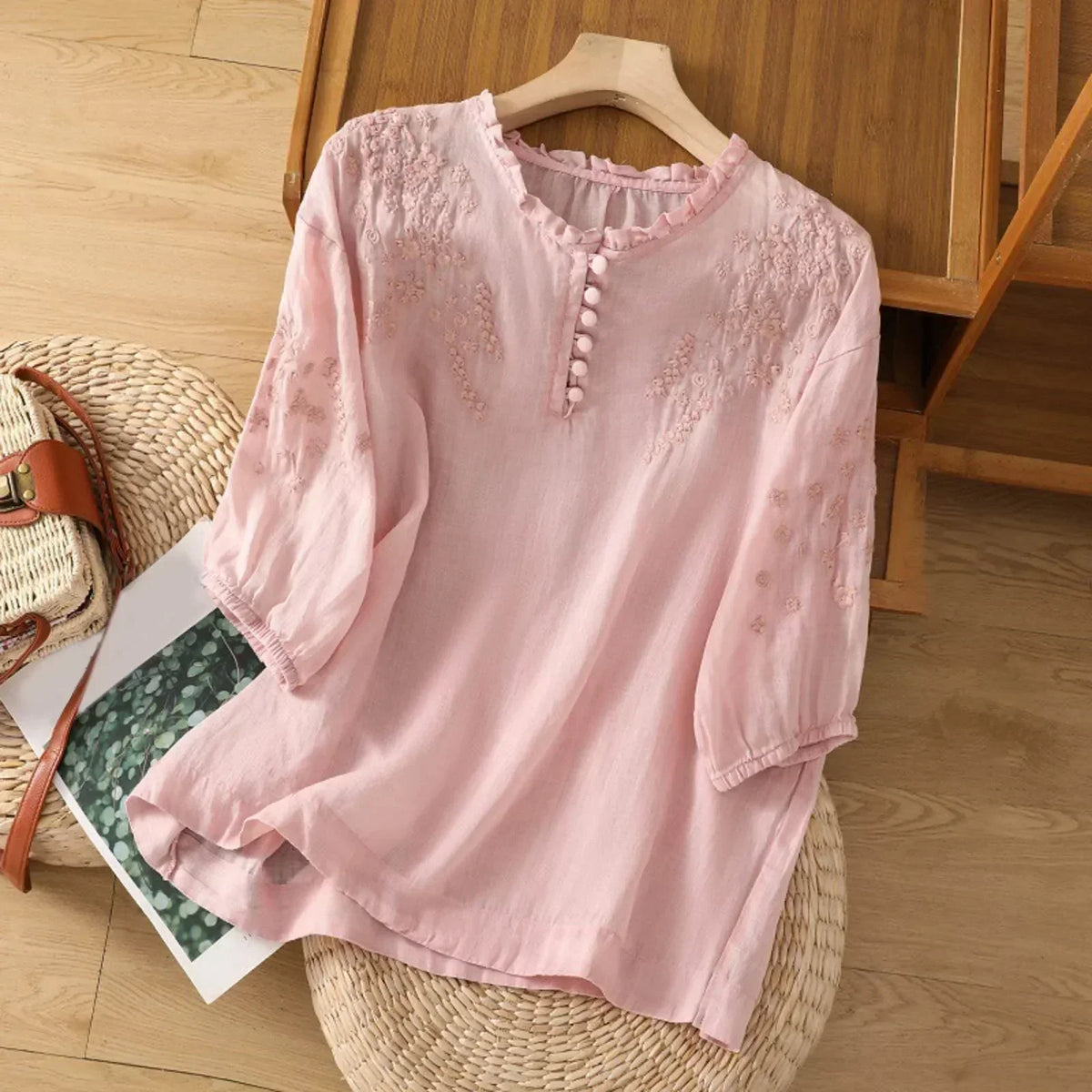 Embroidered Button Placket Puff Sleeve Blouse 3