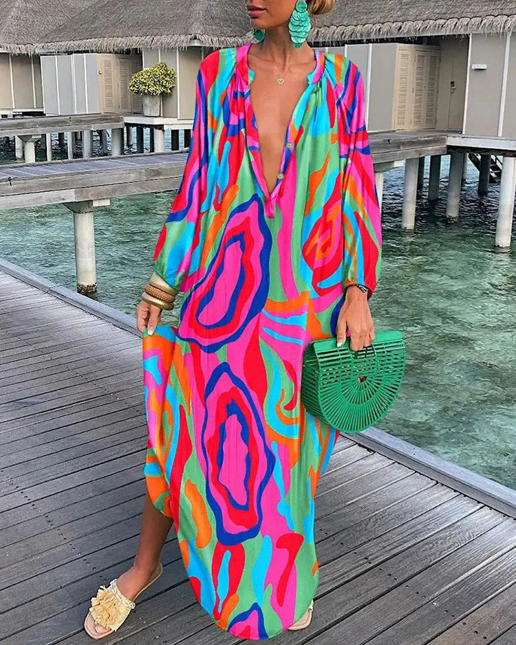 Abstract Print Deep V-Neck Button Front Mandarin Collar Dress