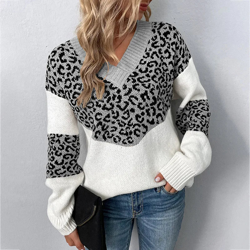 Leopard Colorblock V-Neck Sweater