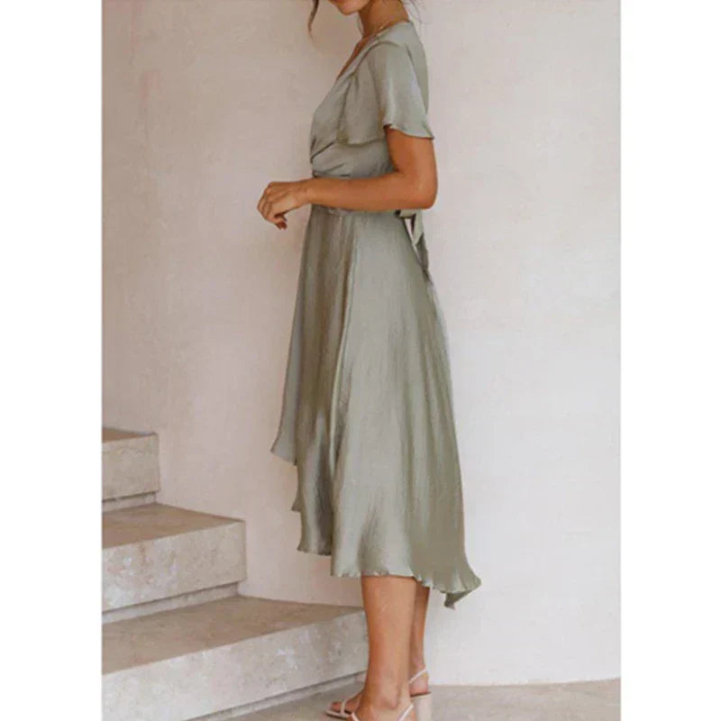 Deep V-Neck Tie Front Knot Flutter Sleeve Wrap Effect Dress - View 6