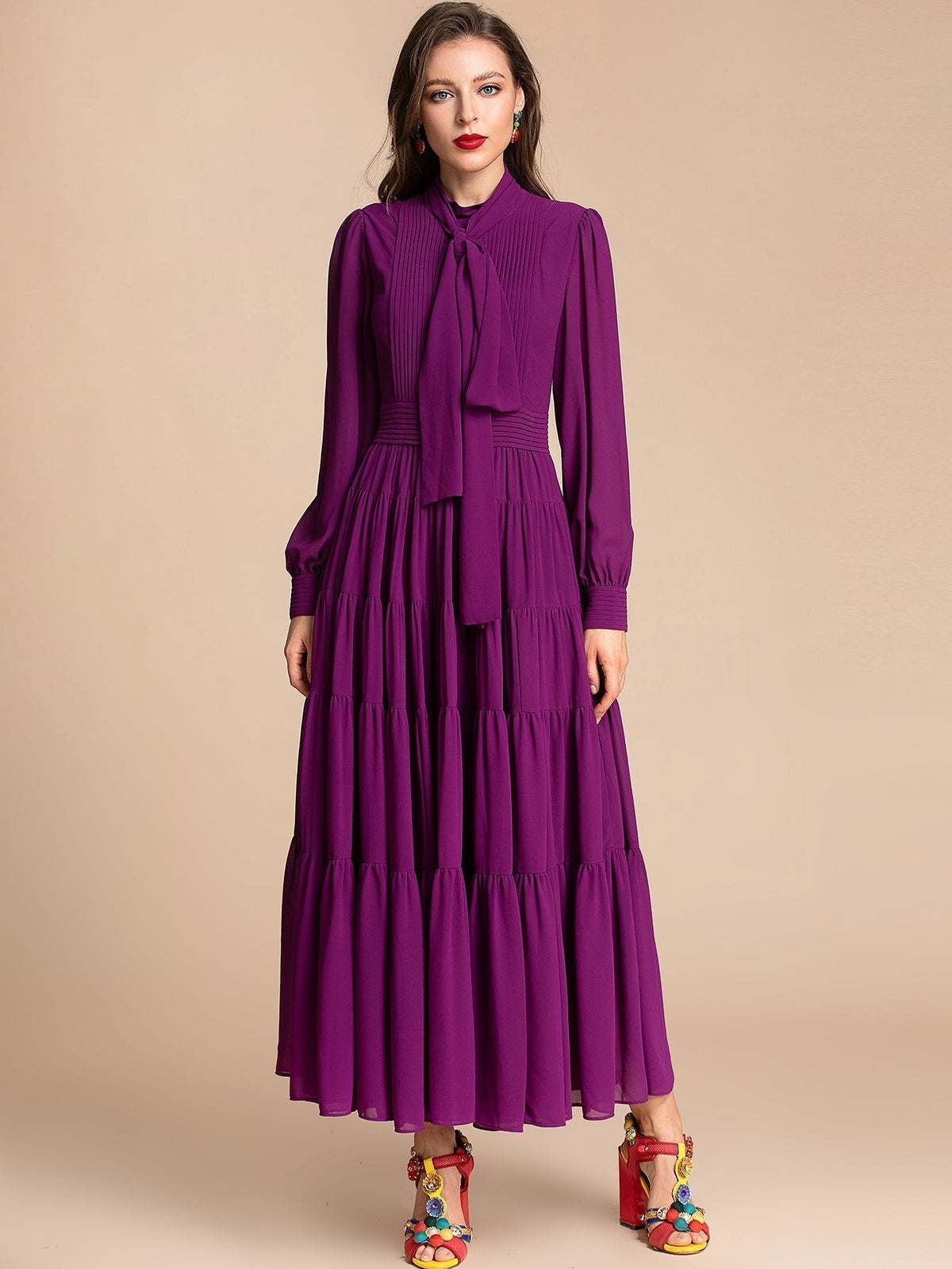 Tie Neck Long Sleeve Pintuck Tiered Maxi Dress 4