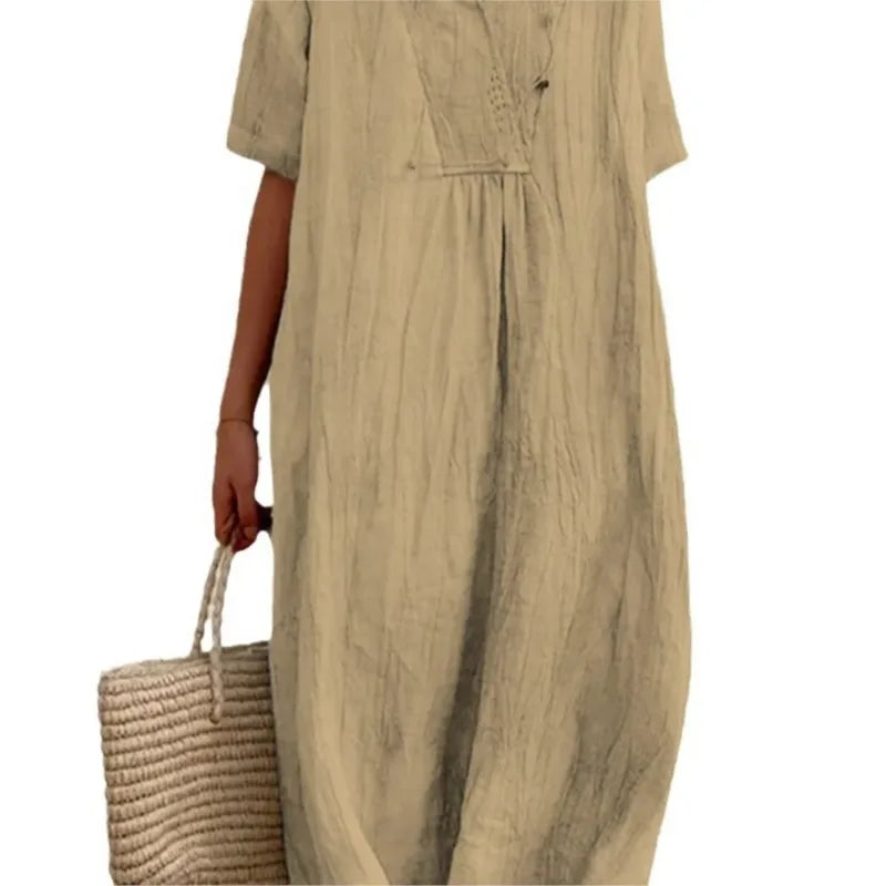 Split Neck Short Sleeve Linen Look Maxi Dress 6