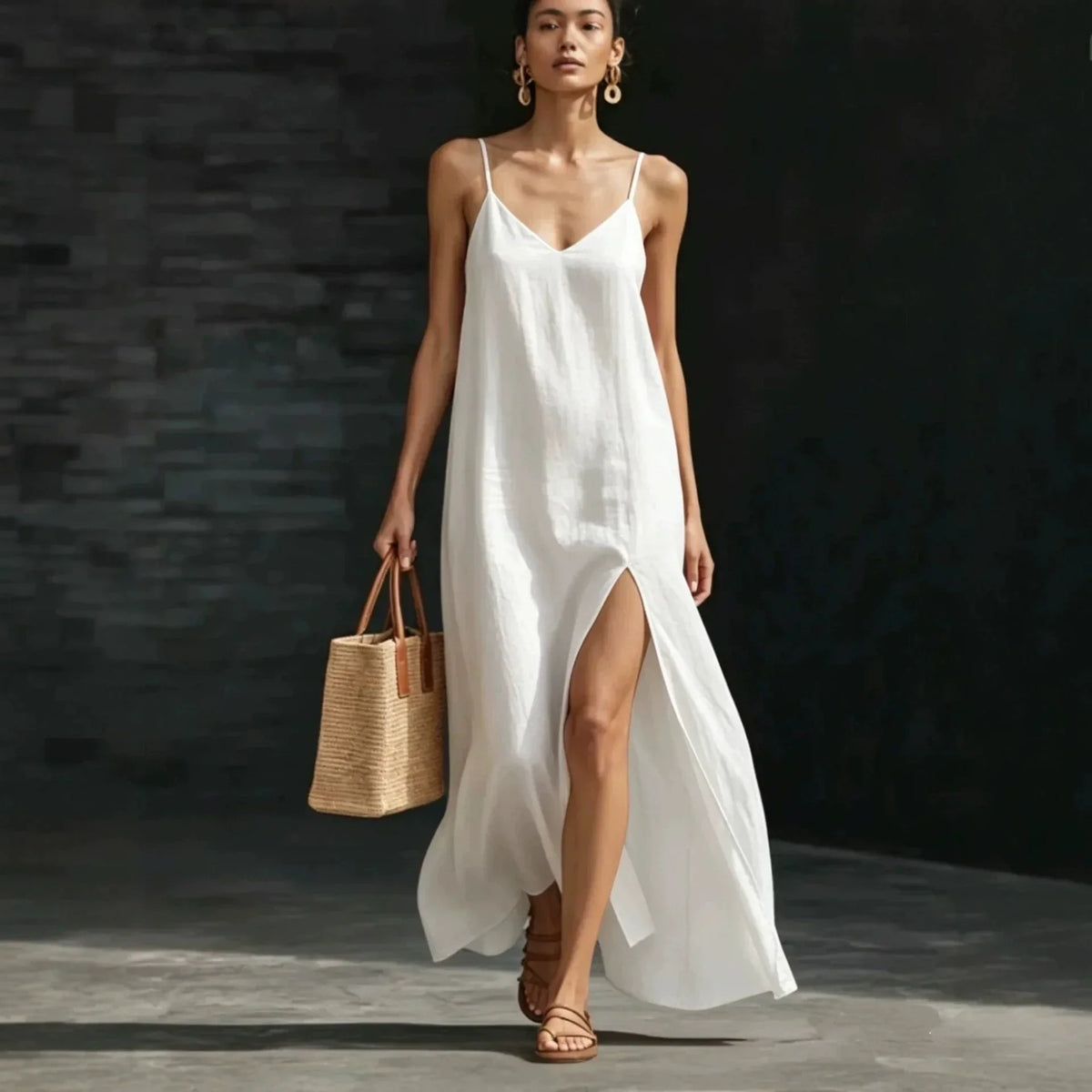 V-Neck Spaghetti Strap High Split Linen Look Maxi Dress 2