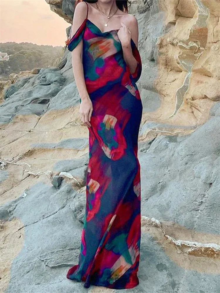 Print Mesh Pleated Off Shoulder Maxi Dress - View 4