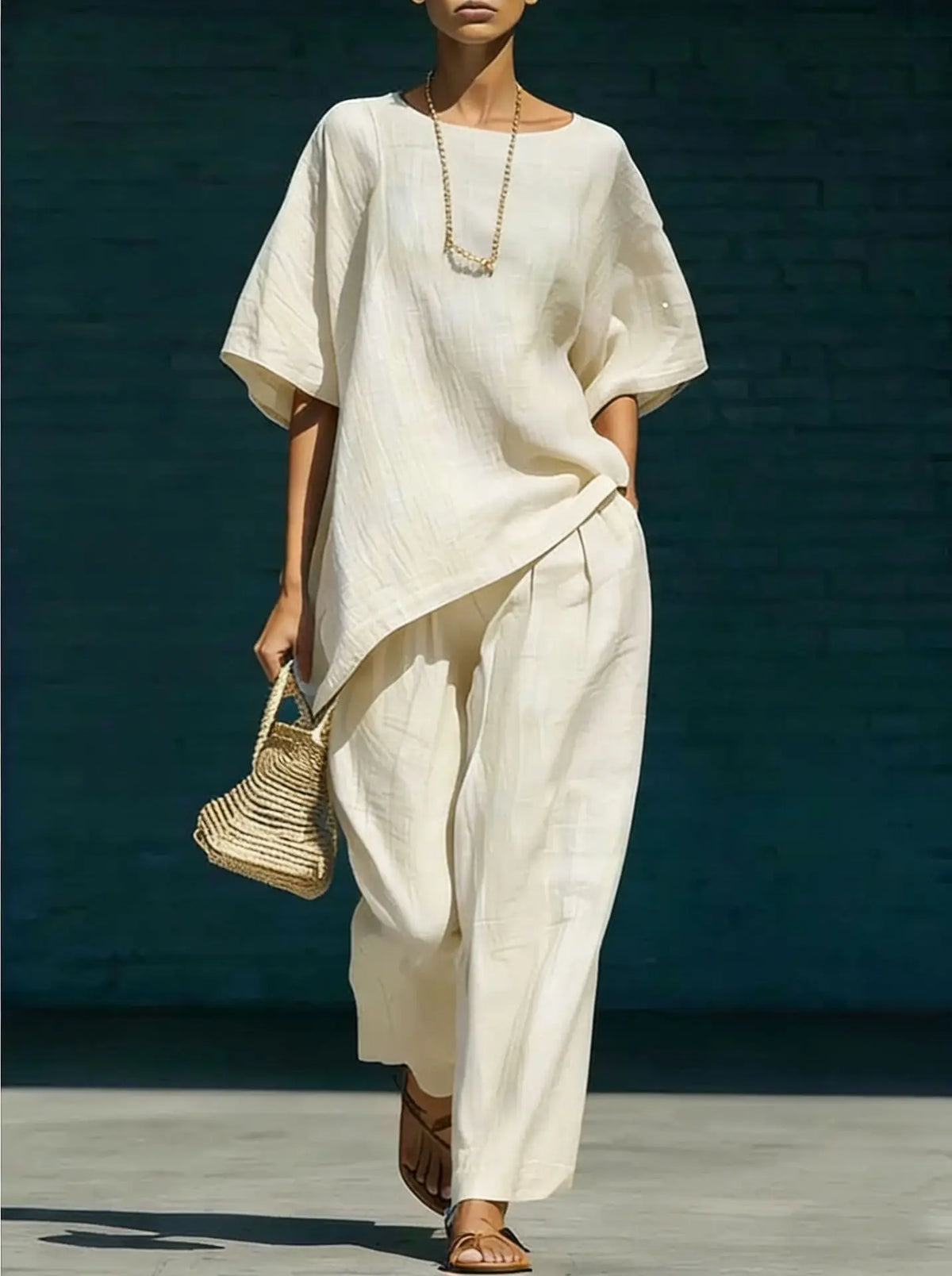 Boat Neck Short Sleeve Top and Wide Leg Pants Two Piece Set 9