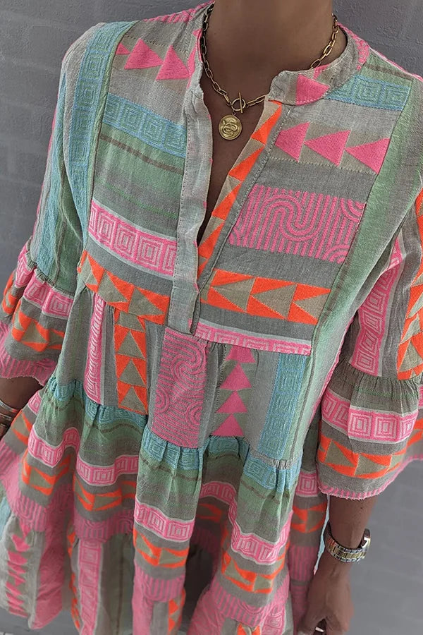 Geometric Print Mandarin Collar Bell Sleeve Tiered Mini Dress - View 4